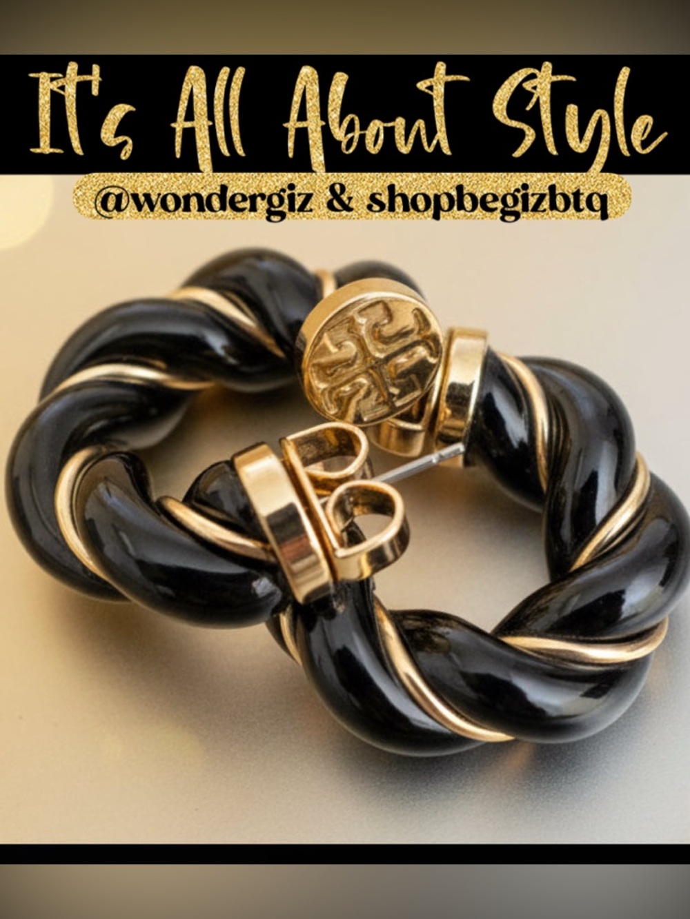 NWT Authentic Tory Burch Black and Gold Textured Rope Hoop Earrings - Picture 4 of 13
